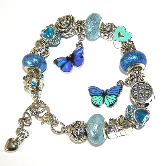 Blue Butterfly Bracelet With European Charms & Beads, Sparkling Crystals NEW - Picture 3 of 4